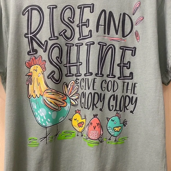 ❤️🐓Rise & Shine Graphic Casual Short Sleeve Long Light Navy Green Tee Shirt - Picture 2 of 6